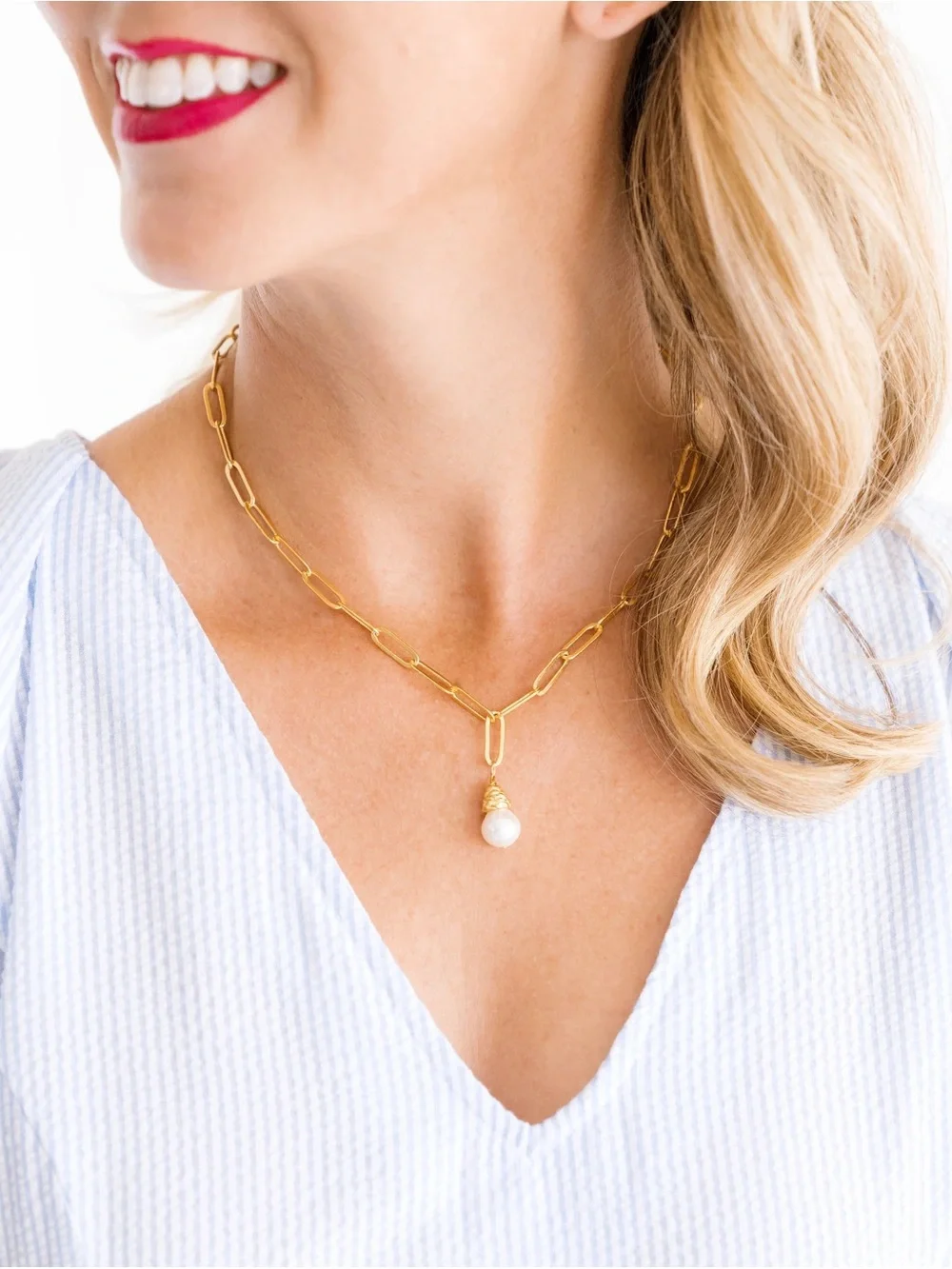 Gold Paperclip Chain Necklace with Pearl Drop - Picture 2 of 2